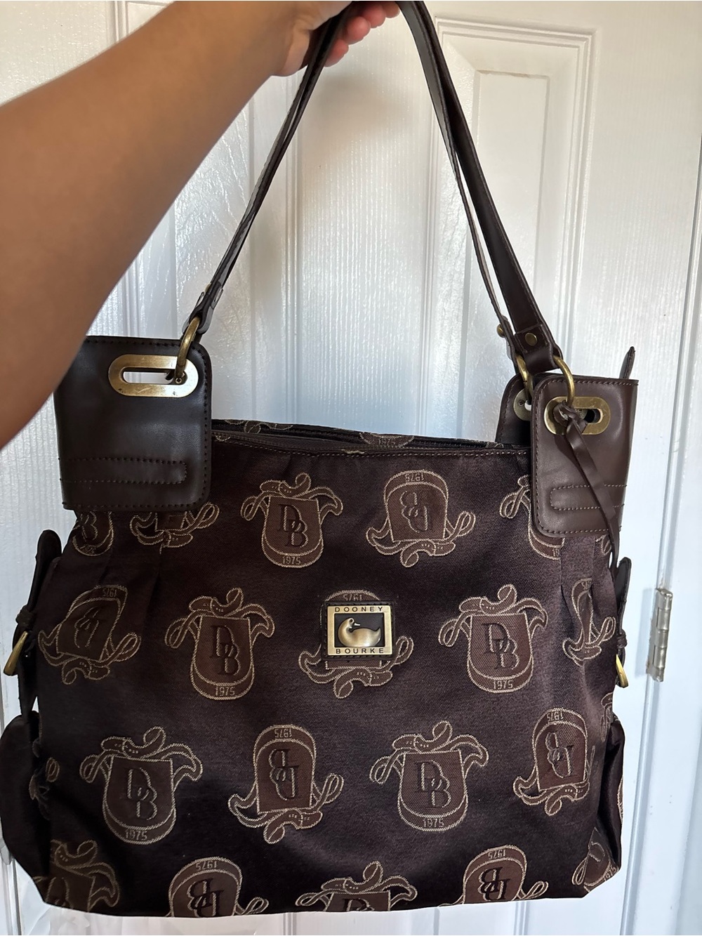 Dooney & Bourke Dark Brown Logo Jacquard Shoulder Bag